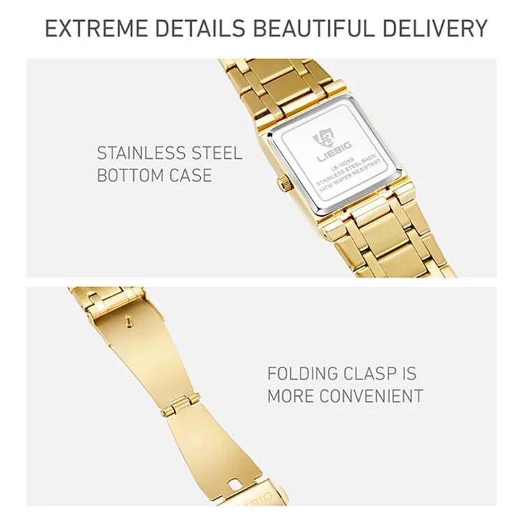 LIEBIG L1029 For Couple Square Dial Analogue Quartz Wrist Watch with Stainless Steel Strap - Gold Dial+Gold Strap / Men