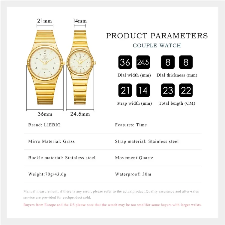 LIEBIG L1024 Fashion Couple Reloj de pulsera Correa de acero inoxidable Analógico de cuarzo - Esfera luminosa / Hombre