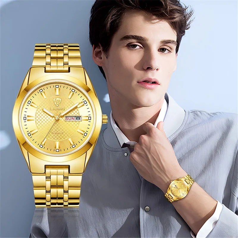LIEBIG L1020 Couple Set Pair Wrist Watch Date Display Quartz Watch with Stainless Steel Strap - Gold / Men