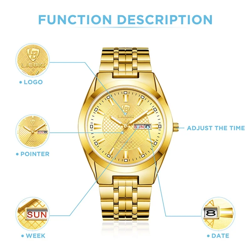 LIEBIG L1020 Couple Set Pair Wrist Watch Date Display Quartz Watch with Stainless Steel Strap - Gold / Men