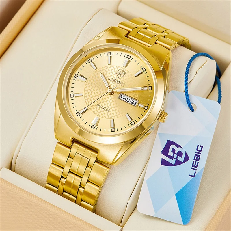 LIEBIG L1020 Couple Set Pair Wrist Watch Date Display Quartz Watch with Stainless Steel Strap - Gold / Men