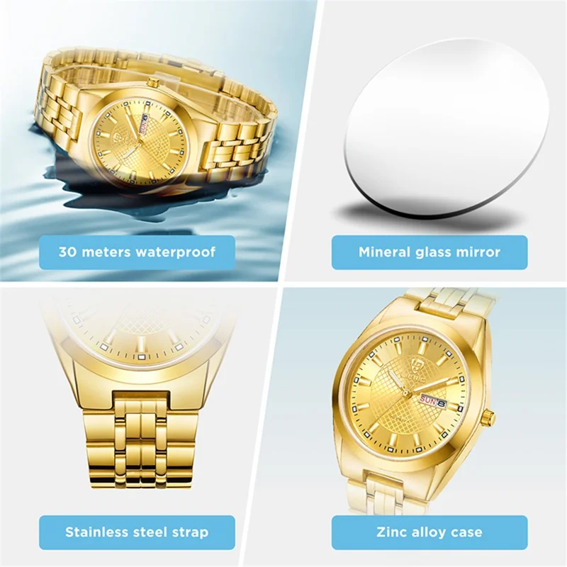 LIEBIG L1020 Couple Set Pair Wrist Watch Date Display Quartz Watch with Stainless Steel Strap - Gold / Men