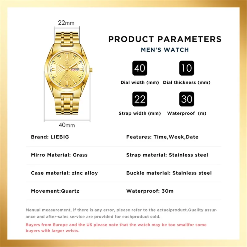 LIEBIG L1020 Couple Set Pair Wrist Watch Date Display Quartz Watch with Stainless Steel Strap - Gold / Men