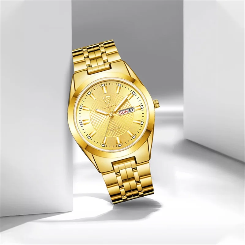 LIEBIG L1020 Couple Set Pair Wrist Watch Date Display Quartz Watch with Stainless Steel Strap - Gold / Men