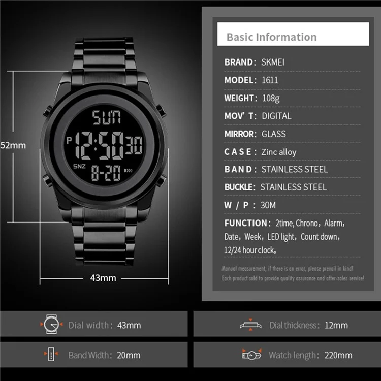 SKMEI 1611 Simple Business Men Watch Multifunctional Steel Strap Electronic Watch with Luminous Display - Schwarz