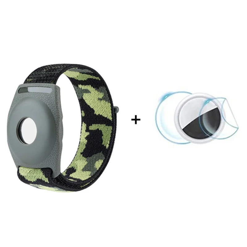 For Apple AirTag Bluetooth-compatible Tracker TPU Case + Loop Fastener Nylon Bracelet Strap, with Front Back Film Set, Adult Type - Army Green Camouflage