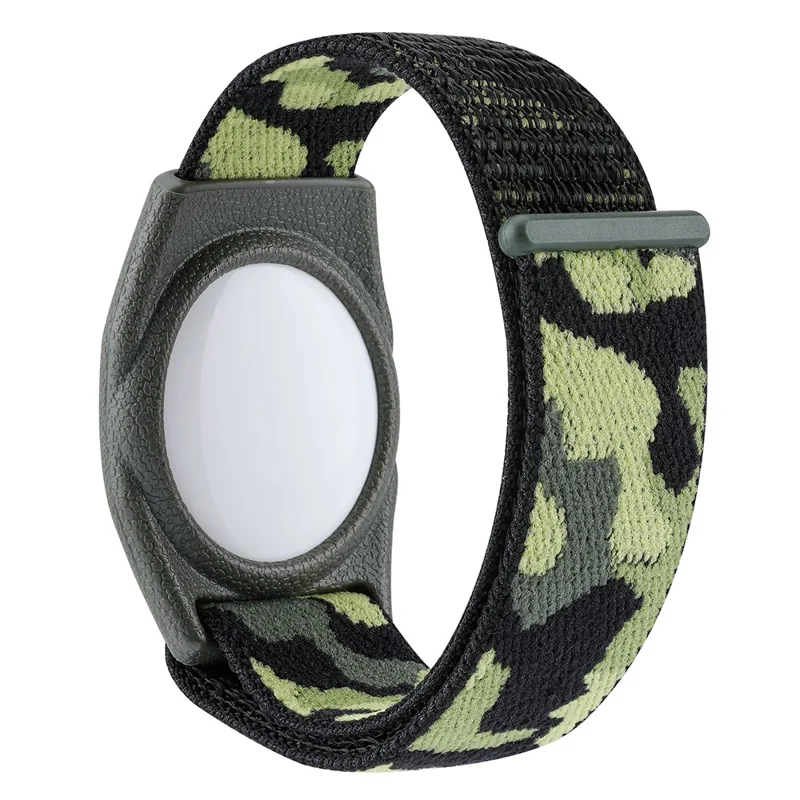For Apple AirTag Bluetooth-compatible Tracker TPU Case + Loop Fastener Nylon Bracelet Strap, with Front Back Film Set, Adult Type - Army Green Camouflage