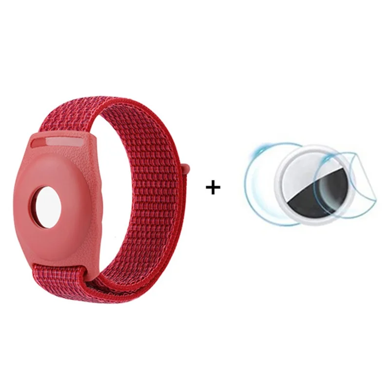Voor Apple AirTag Bluetooth-compatibele Tracker TPU-hoes + Nylon armband met klittenband sluiting, inclusief voor- en achterfolie set, volwassen type - Rood