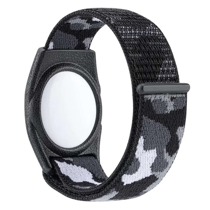 For Apple AirTag Bluetooth-compatible Tracker TPU Case + Loop Fastener Nylon Bracelet Strap, with Front Back Film Set, Adult Type - Black Camouflage
