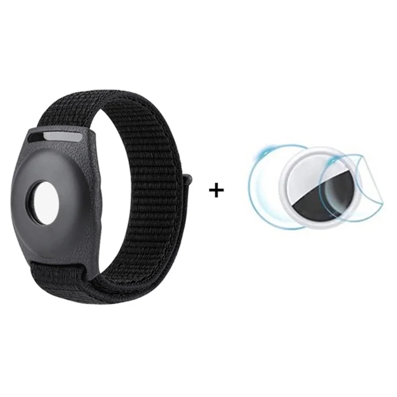 Opaska z nylonu i etui TPU z zatrzaskiem do Apple AirTag, z kompatybilnym Bluetooth, z zestawem folii przedniej i tylnej, typ dla dorosłych - ciemny czarny