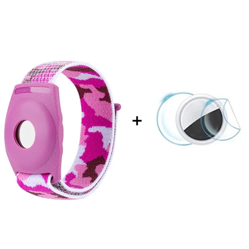 Étui TPU compatible Bluetooth pour Apple AirTag avec sangle en nylon à attaches en boucle, bracelet poignet, avec film avant et arrière, modèle enfant - Violet camouflage