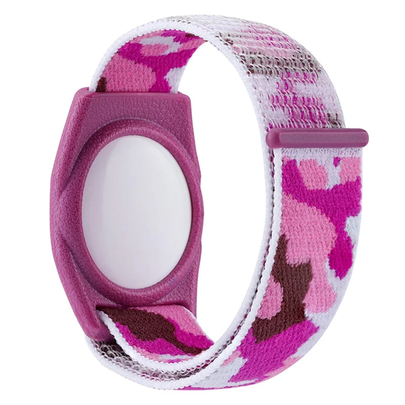 Étui TPU compatible Bluetooth pour Apple AirTag avec sangle en nylon à attaches en boucle, bracelet poignet, avec film avant et arrière, modèle enfant - Violet camouflage