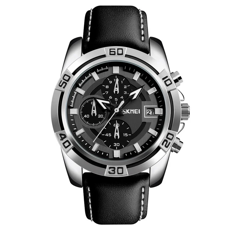 SKMEI 9156 Men Quartz Watch Fashion Sports Calendar Wrist Watch with 3 Small Pointers - Silver