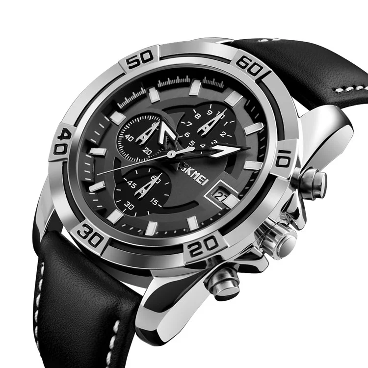 SKMEI 9156 Men Quartz Watch Fashion Sports Calendar Wrist Watch with 3 Small Pointers - Silver