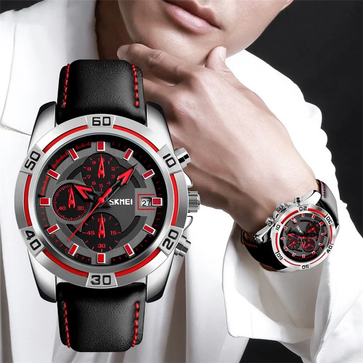 SKMEI 9156 Men Quartz Watch Fashion Sports Calendar Wrist Watch with 3 Small Pointers - Silver