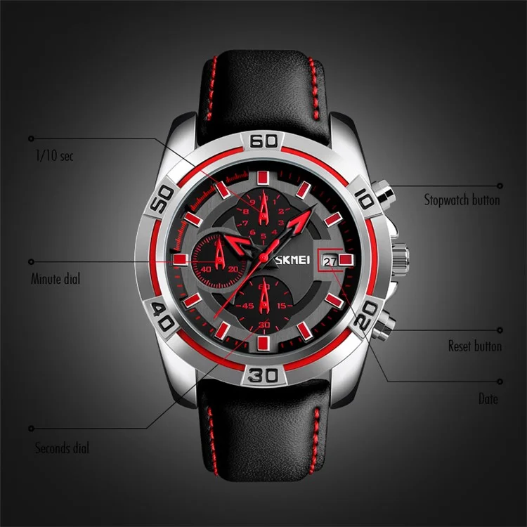 SKMEI 9156 Men Quartz Watch Fashion Sports Calendar Wrist Watch with 3 Small Pointers - Silver