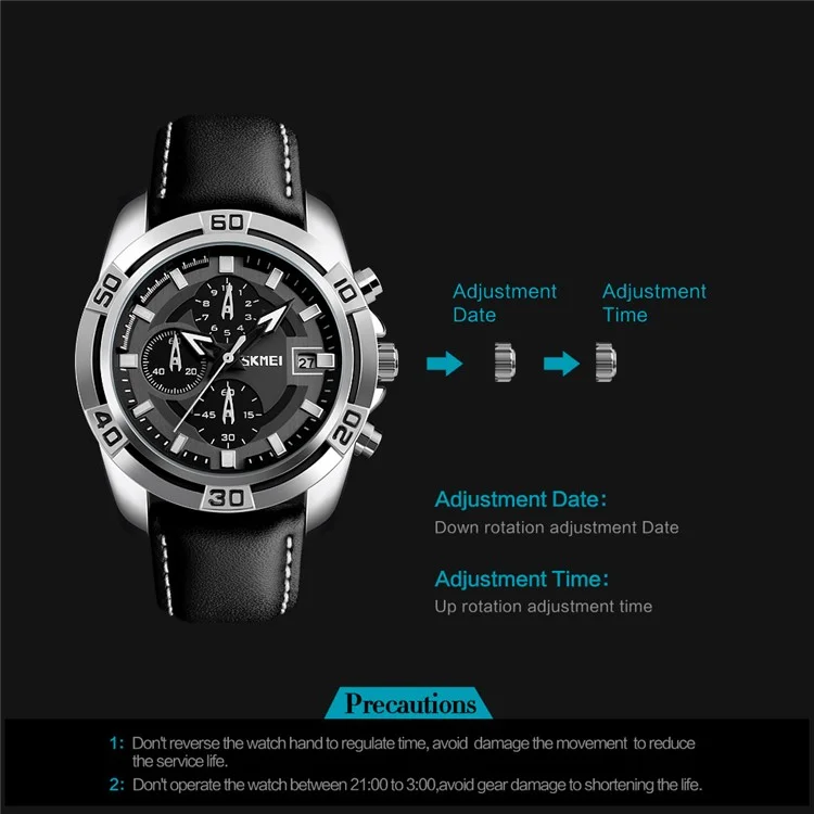 SKMEI 9156 Men Quartz Watch Fashion Sports Calendar Wrist Watch with 3 Small Pointers - Silver