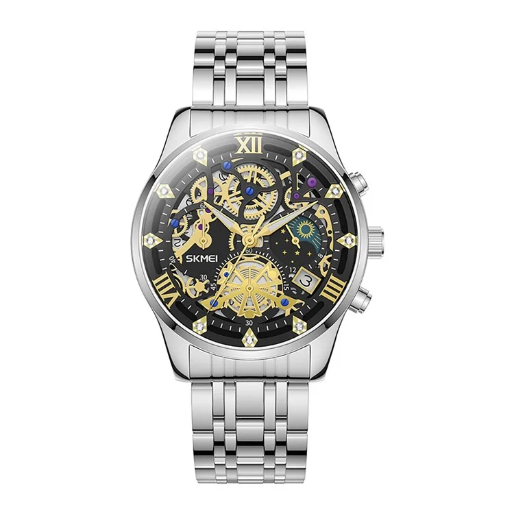 SKMEI 7039 Quadrante Hollow Design Fashion Business Men Orologio al Quarzo Cronografo Calendario Orologio da Polso - Argento+Nero / Cinturino in Acciaio