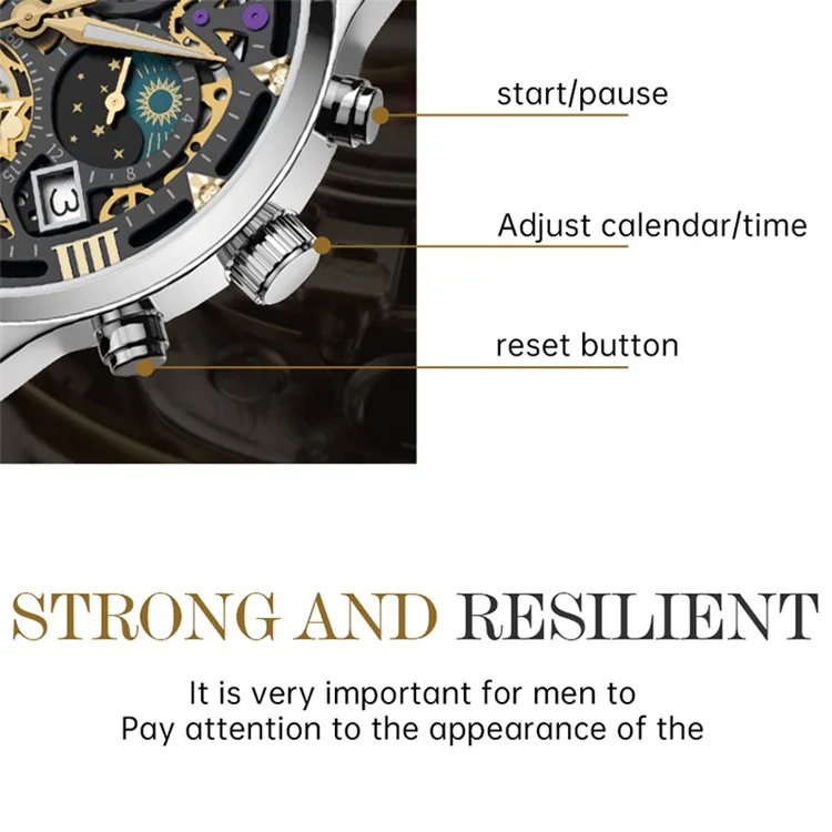 SKMEI 7039 Quadrante Hollow Design Fashion Business Men Orologio al Quarzo Cronografo Calendario Orologio da Polso - Argento+Nero / Cinturino in Acciaio