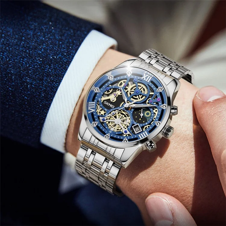 SKMEI 7039 Quadrante Hollow Design Fashion Business Men Orologio al Quarzo Cronografo Calendario Orologio da Polso - Argento+Nero / Cinturino in Acciaio