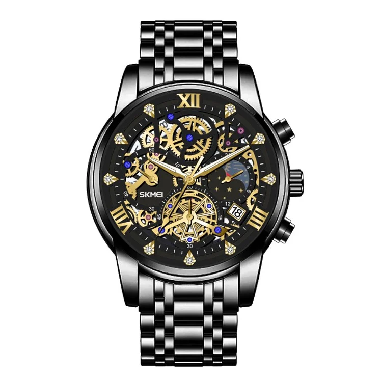 SKMEI 7039 Hollow Dial Design Business Fashion Men Quartz Watch Stopwatch Calendar Wrist Watch - Black+Gold / Steel Strap
