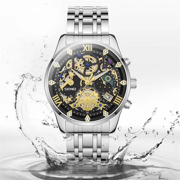 SKMEI 7039 Hollow Dial Design Business Fashion Men Quartz Watch Stopwatch Calendar Wrist Watch - Black+Gold / Steel Strap