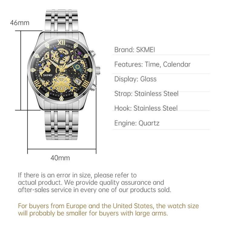 SKMEI 7039 Hollow Dial Design Business Fashion Men Quartz Watch Stopwatch Calendar Wrist Watch - Black+Gold / Steel Strap