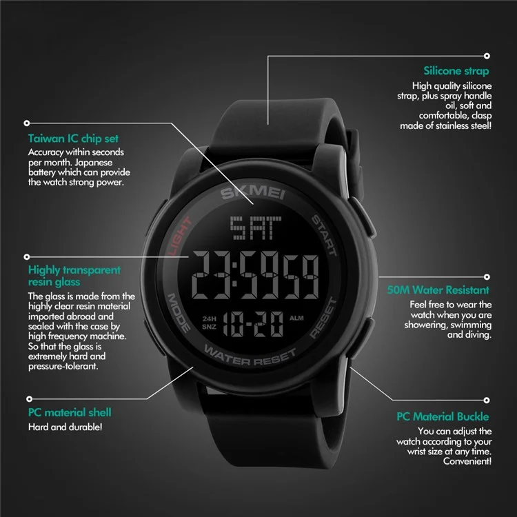 SKMEI 1257 Outdoor Multifunktions-Elektronikuhr 50m wasserdicht Sportsuhr - Schwarz