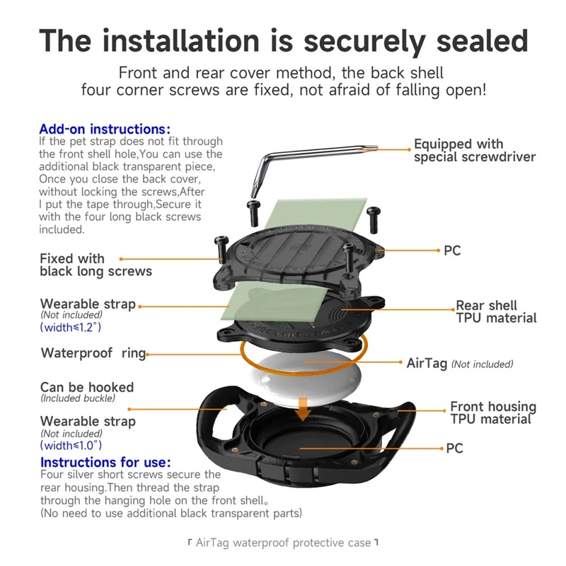 IP67 Waterproof Case for AirTag Bluetooth-compatible Tracker TPU+PC Full Body Protective Cover - Red