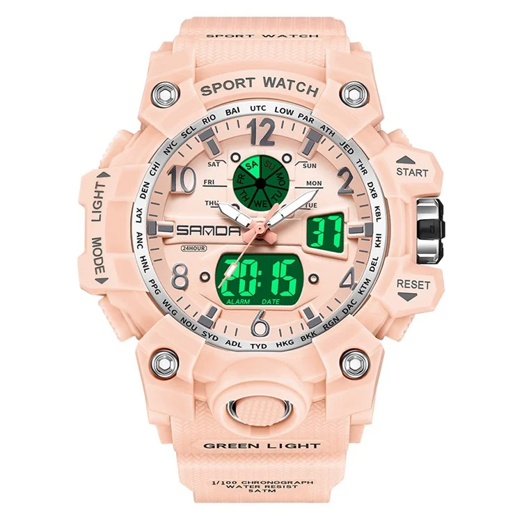 SANDA 3306 Luminous Display Leisure Electronic Watch 50m Waterproof Sports Watch with Alarm Clock, Weekly Calendar - Pink