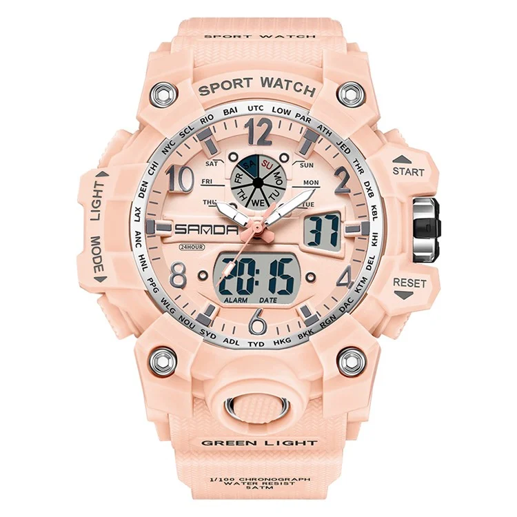 SANDA 3306 Luminous Display Leisure Electronic Watch 50m Waterproof Sports Watch with Alarm Clock, Weekly Calendar - Pink