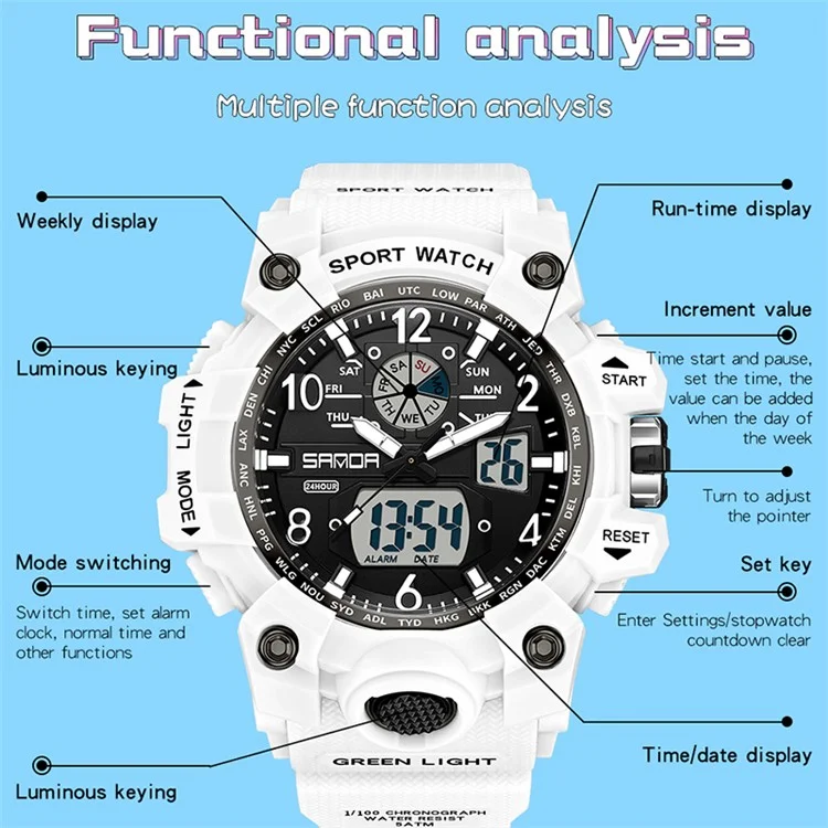 SANDA 3306 Luminous Display Leisure Electronic Watch 50m Waterproof Sports Watch with Alarm Clock, Weekly Calendar - Pink
