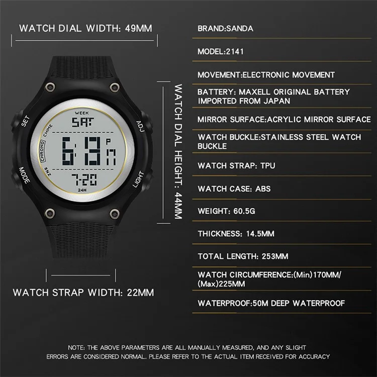 SANDA 2141 Youth Student Outdoor Sports Electronic Watch 50m Water Resistant Night Light Display Watch - All Black