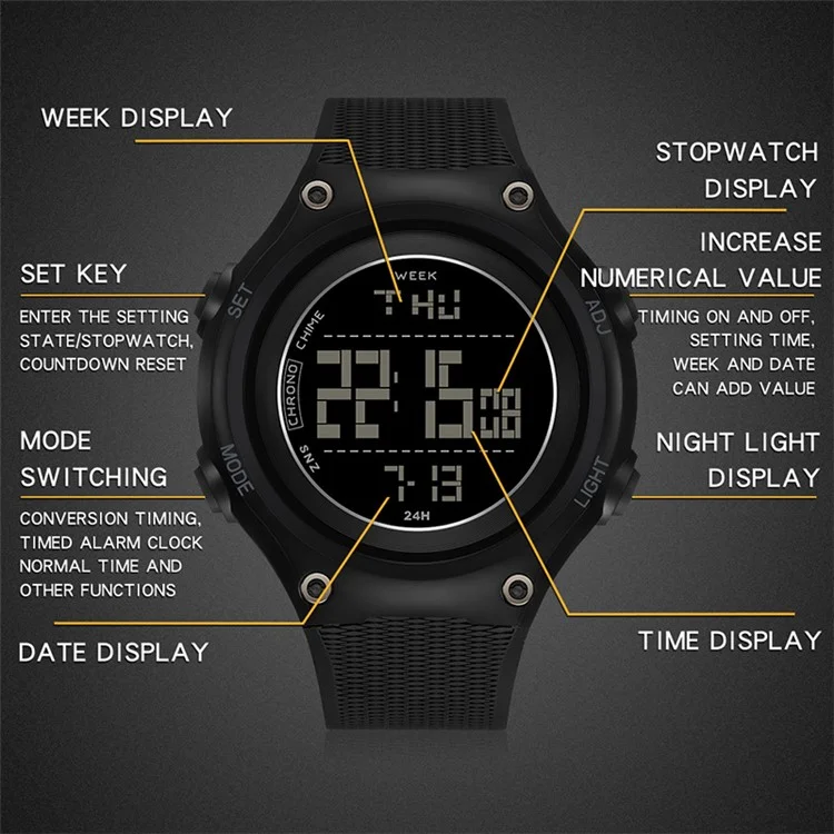 SANDA 2141 Youth Student Outdoor Sports Electronic Watch 50m Water Resistant Night Light Display Watch - All Black