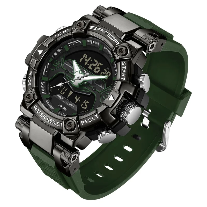 SANDA 3186 Fashionable Cool Luminous Display Watch Multifunction 50m Waterproof Electronic Watch - Black / Green