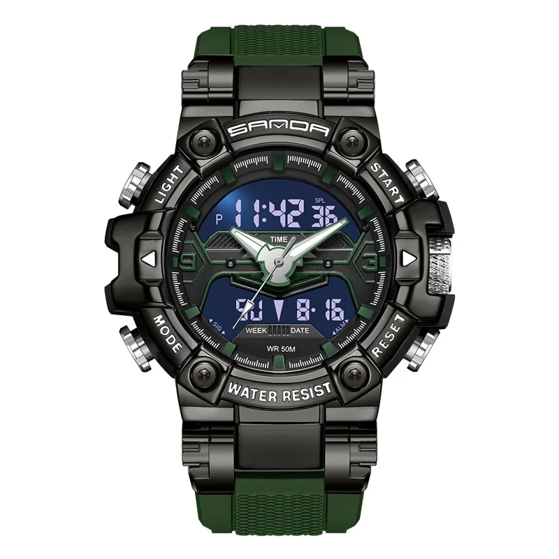 SANDA 3186 Fashionable Cool Luminous Display Watch Multifunction 50m Waterproof Electronic Watch - Black / Green