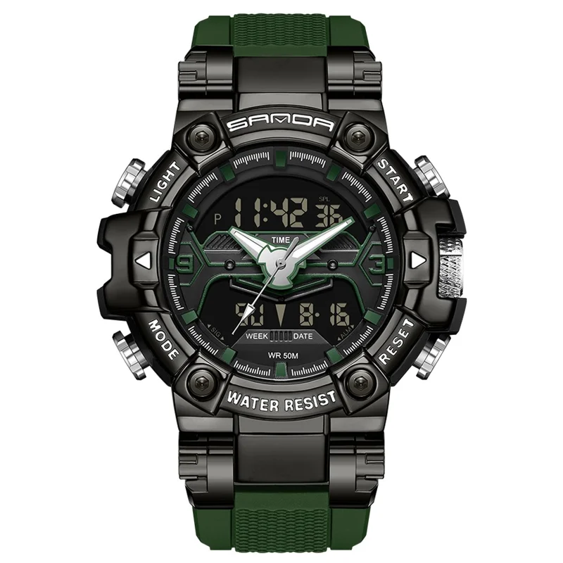 SANDA 3186 Fashionable Cool Luminous Display Watch Multifunction 50m Waterproof Electronic Watch - Black / Green