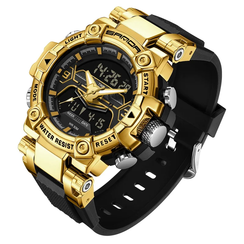 SANDA 3186 Fashionable Cool Luminous Display Watch Multifunction 50m Waterproof Electronic Watch - Black / Gold