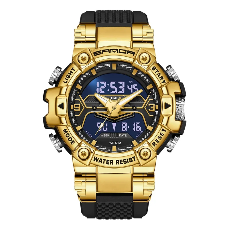 SANDA 3186 Fashionable Cool Luminous Display Watch Multifunction 50m Waterproof Electronic Watch - Black / Gold