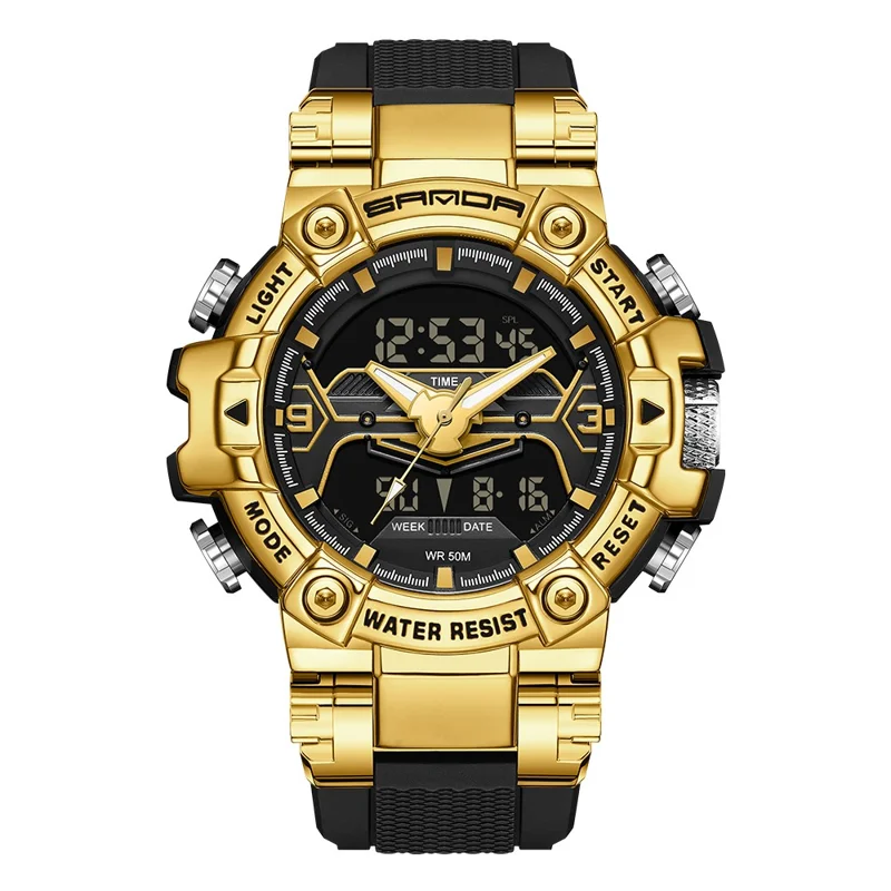 SANDA 3186 Fashionable Cool Luminous Display Watch Multifunction 50m Waterproof Electronic Watch - Black / Gold