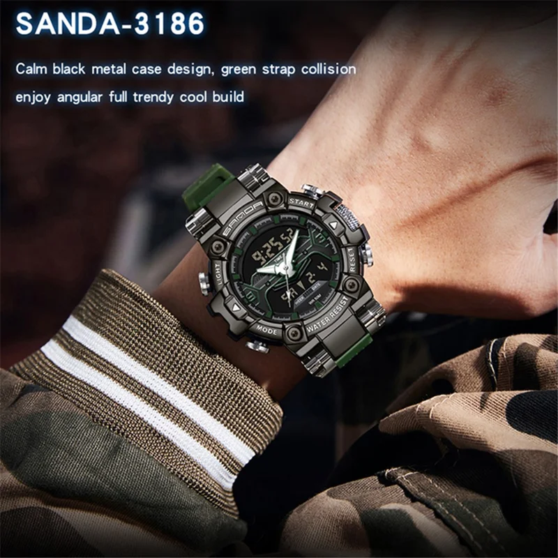 SANDA 3186 Fashionable Cool Luminous Display Watch Multifunction 50m Waterproof Electronic Watch - Black / Gold