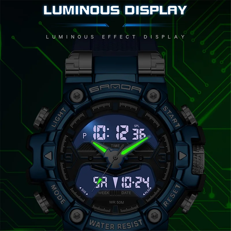 SANDA 3186 Fashionable Cool Luminous Display Watch Multifunction 50m Waterproof Electronic Watch - Black / Gold