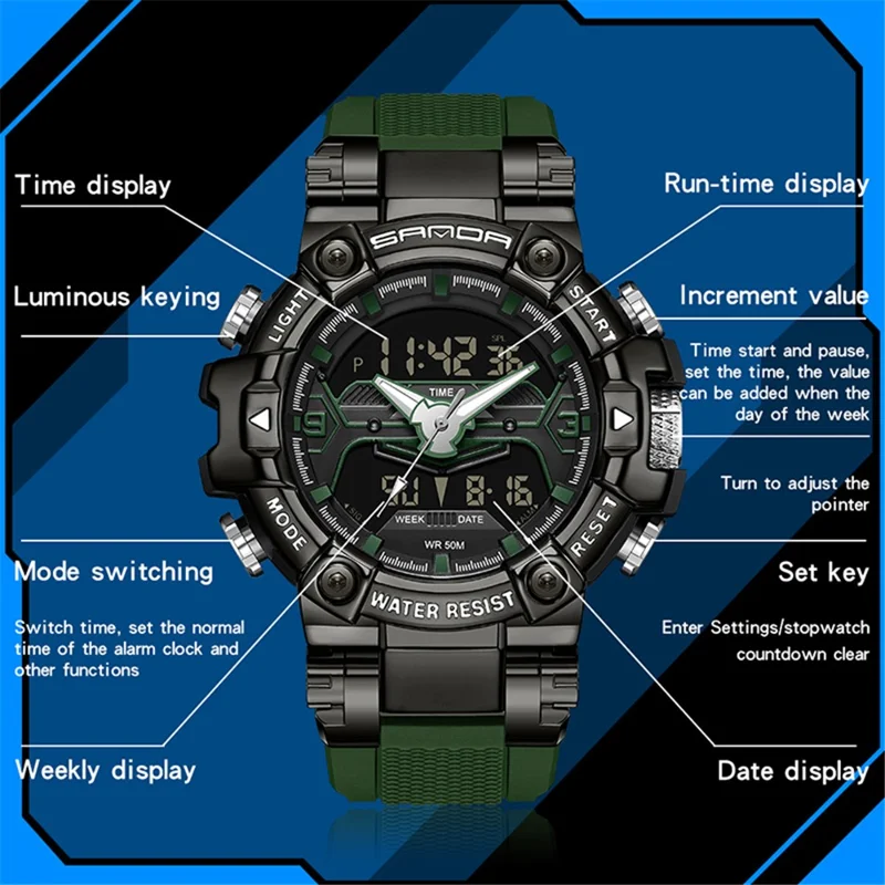 SANDA 3186 Fashionable Cool Luminous Display Watch Multifunction 50m Waterproof Electronic Watch - Black / Gold