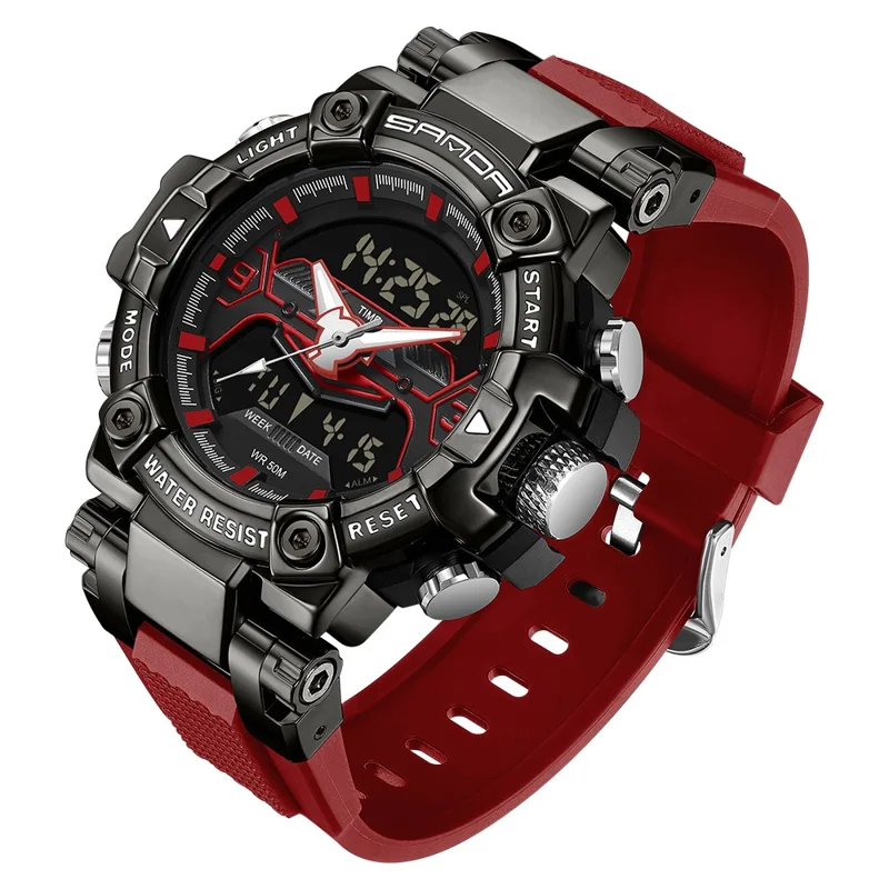 SANDA 3186 Fashionable Cool Luminous Display Watch Multifunction 50m Waterproof Electronic Watch - Red