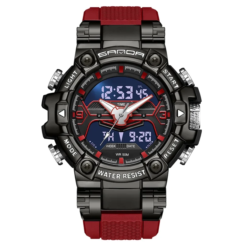 SANDA 3186 Fashionable Cool Luminous Display Watch Multifunction 50m Waterproof Electronic Watch - Red
