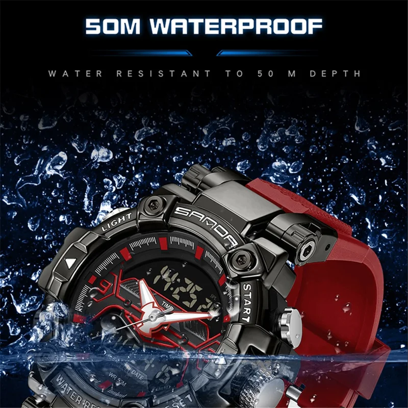 SANDA 3186 Fashionable Cool Luminous Display Watch Multifunction 50m Waterproof Electronic Watch - Red