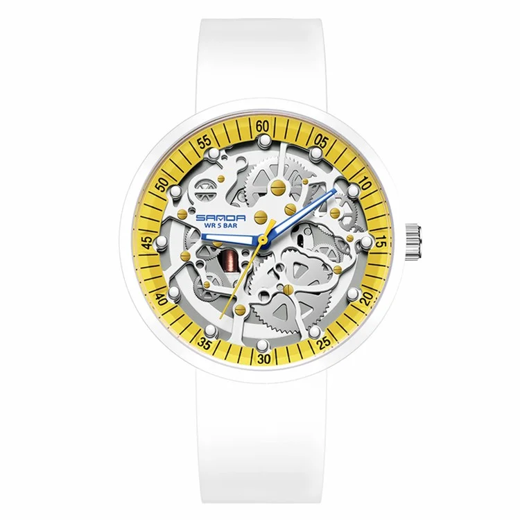 SANDA 3215 Relógio Eletrônico Fashionable Multi-Layer Gear com Visão Noturna Fluorescente, Resistente à Água até 50m - Branco / Amarelo