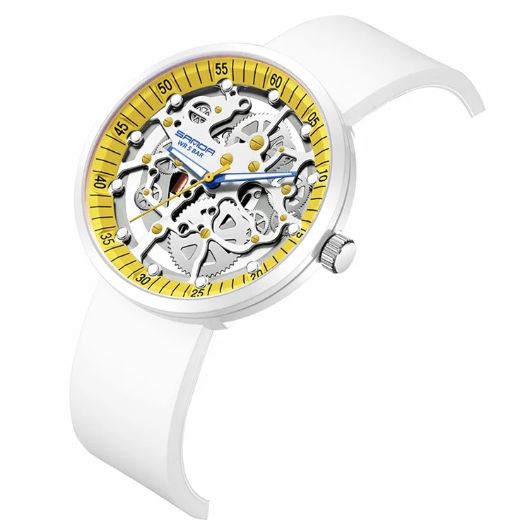 SANDA 3215 Relógio Eletrônico Fashionable Multi-Layer Gear com Visão Noturna Fluorescente, Resistente à Água até 50m - Branco / Amarelo
