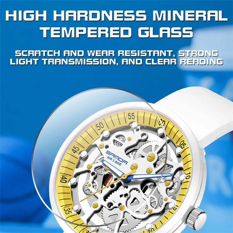 SANDA 3215 Relógio Eletrônico Fashionable Multi-Layer Gear com Visão Noturna Fluorescente, Resistente à Água até 50m - Branco / Amarelo