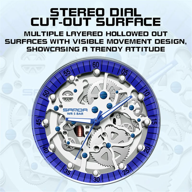 SANDA 3215 Fashionable Multi-Layer Gear Electronic Watch Night Vision Fluorescence 50m Waterproof Watch - Black / White